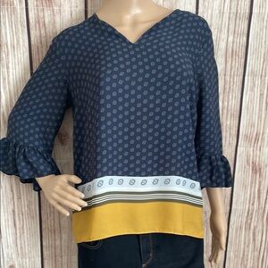 Ann Taylor Factory Multicolored Blue & Golden Yellow V-Neck Bell Sleeve Blouse